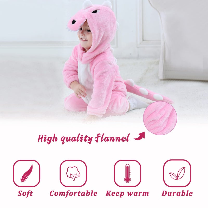 TONWHAR Kids' And Toddlers' Infant Tiger Dinosaur Animal Fancy Dress Costume Outfit Hooded Romper Jumpsuit (2-3 Months/Height:21"-23",Pink Dinosaur) - Image 3